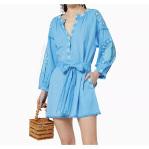 MELISSA ODABASH blue linen cotton embroidered long sleeve mini dress sz XS